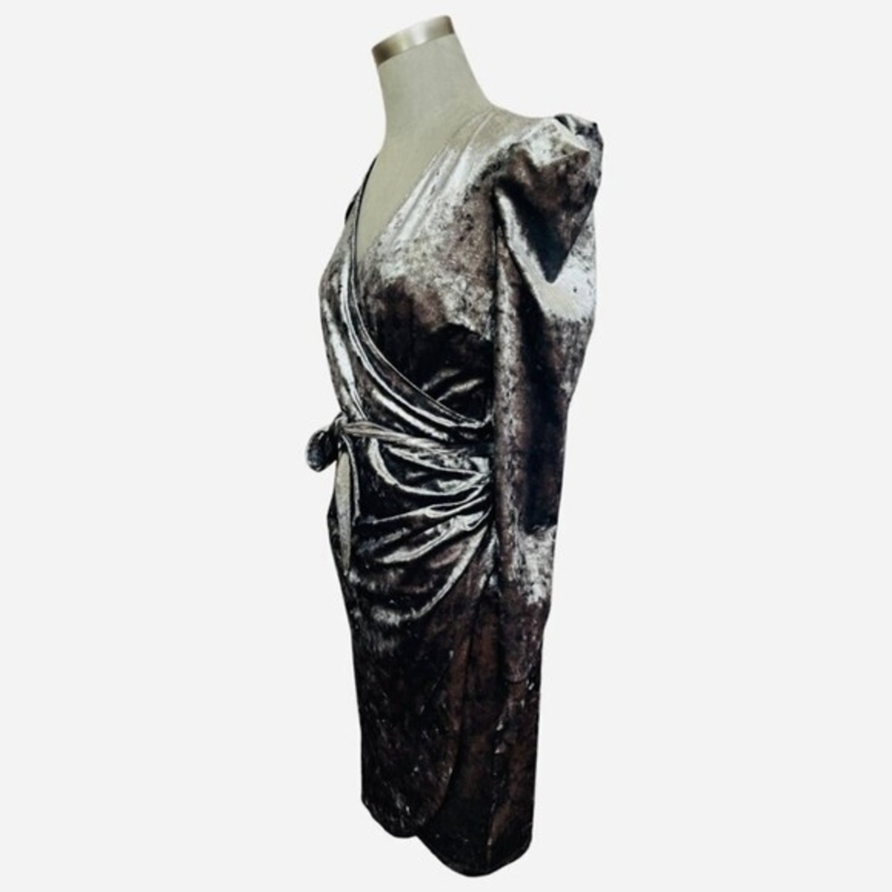 INC International Concepts Silver Velvet Wrap Dress M Puffed Sleeve Lined NWT - Picture 8 of 11